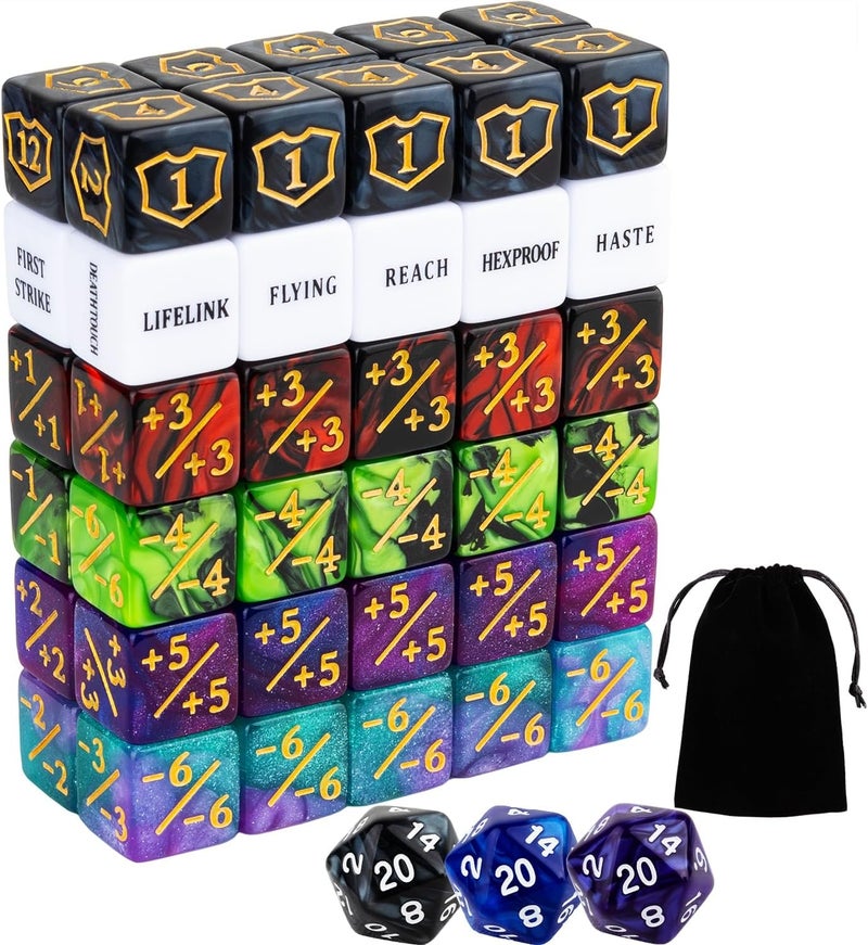 LAMJAM 63 Pieces MTG Dice Counters Bulk Ability Keywords MTG Tokens Shield Life Counter 6 Sided Dice Set for Magic The Gathering,TCG,Cards Gaming Accessories - Image 1